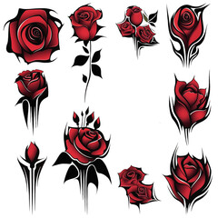 Vibrant red roses are depicted with bold black swirls and accents, creating a striking contrast against a white background. The design combines elegance with artistic flair.
