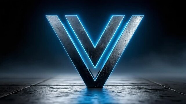 A metallic letter V with glowing blue neon lines stands on a textured surface in a dark, misty environment.