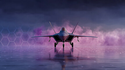 Quantum radar system detecting stealth aircraft with glowing purple particle trails and hexagonal grid overlay, advanced military technology concept with digital visualization.