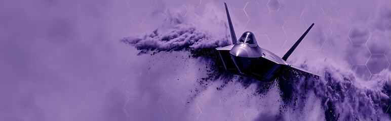 Quantum radar system detecting stealth aircraft with glowing purple particle trails and hexagonal grid overlay, advanced military technology concept with digital visualization.