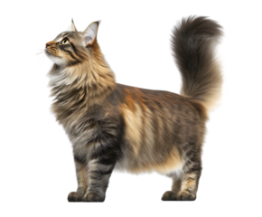 Fluffy cat standing on two legs, looking to the side with its tail raised, isolated against a transparent background.