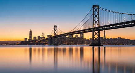 Steel Suspension Bridge Reflecting in Calm Water at Colorful Sunset