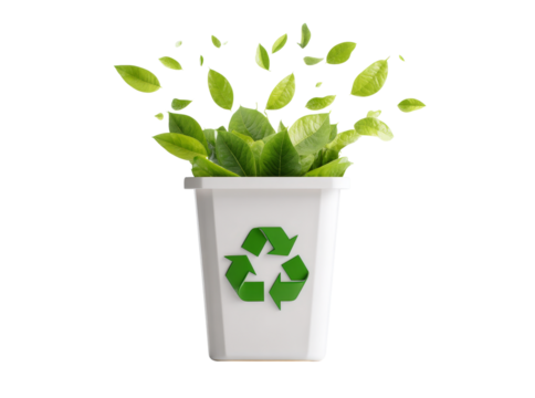 Recycling bin filled with lush green leaves eco friendly concept, Isolated On White, Png Transparent