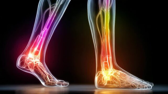 An artistic visualization of human feet and ankles showing bones and nerves in vivid, glowing colors on a dark background.