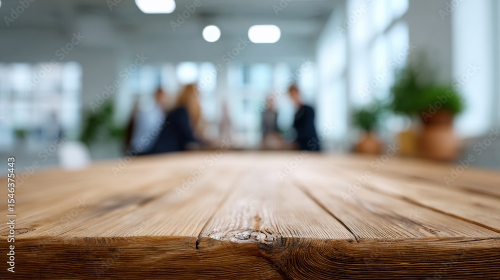 Poster blurred background of empty conference room with focus on wooden table, creating warm and inviting a