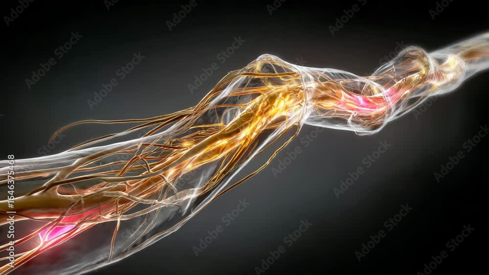 Poster a close-up digital illustration of a nerve bundle with glowing neural pathways and intricate fibers 