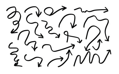 Arrows hand drawn doodle icons set. pencil arrow doodles set - hand drawn swirls, curved lines, chaotic pointers. Curved cartoon arrows sketches collection. Sign, Symbol, Hand drawn arrow collection
