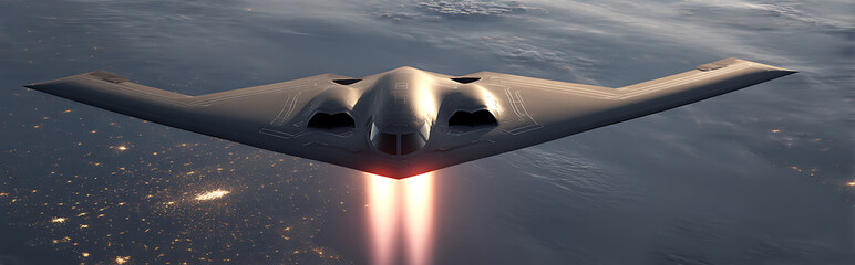 Advanced B-21 style stealth bomber flying low over desert at dusk with heat distortion effects, illuminated cockpit holographic display showing stealth status, dramatic backlighting and atmospheric pe