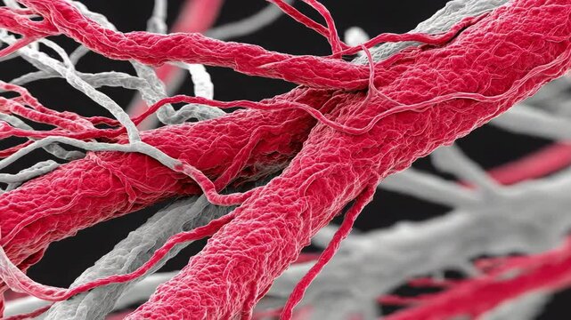A close-up, colored microscopic view of muscle fibers and connective tissue strands intertwined together.