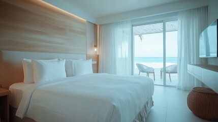 A serene bedroom overlooks a tranquil beach scene, inviting relaxation and peace with its minimalist decor and soft colors, perfect for a seaside retreat.