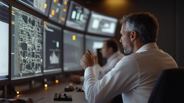 engineers working on energy control room interface, smart grid map view,