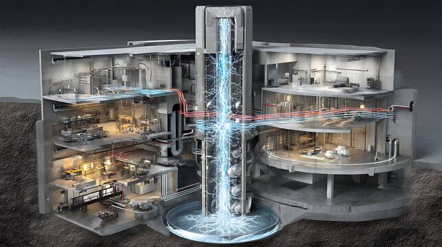 Cutaway view of advanced bunker buster missile penetrating reinforced underground facility with concrete debris and exploding lab equipment, glowing tungsten penetrator and engineering blueprint overl