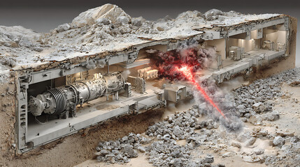 Cutaway view of advanced bunker buster missile penetrating reinforced underground facility with concrete debris and exploding lab equipment, glowing tungsten penetrator and engineering blueprint overl