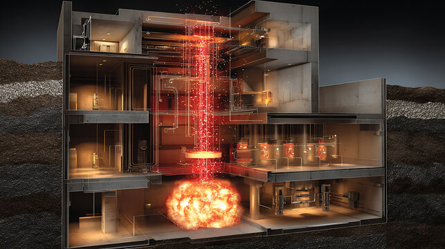 Cutaway view of advanced bunker buster missile penetrating reinforced underground facility with concrete debris and exploding lab equipment, glowing tungsten penetrator and engineering blueprint overl