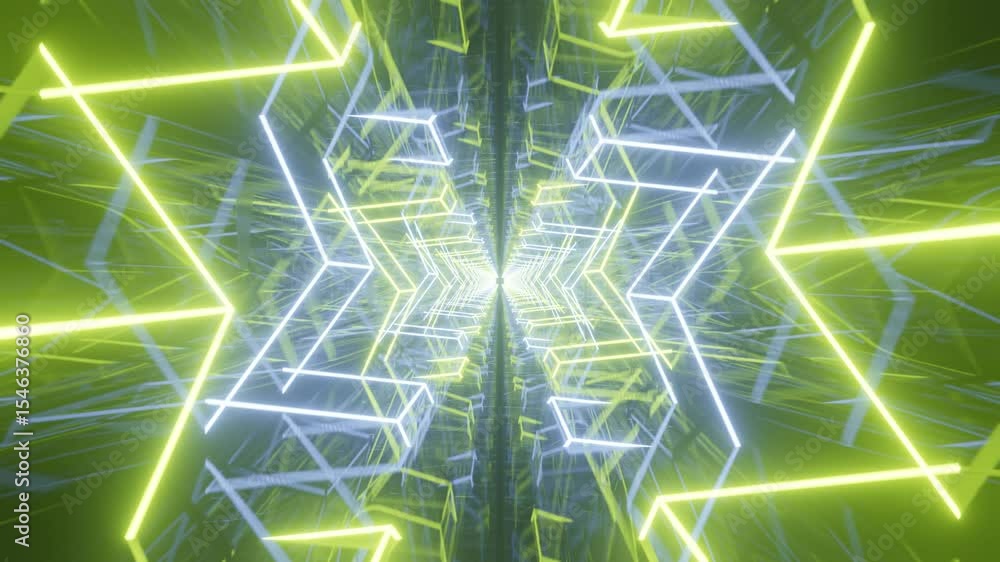 Aufkleber seamless looping 3d render of mirrored tunnel with vivid green and electric blue neon lines in symme
