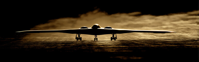 Advanced B-21 style stealth bomber flying low over desert at dusk with heat distortion effects, illuminated cockpit holographic display showing stealth status, dramatic backlighting and atmospheric pe