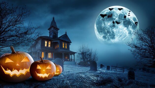 halloween scene horror background with creepy pumpkins of spooky halloween haunted mansion evil houseat night with full moon generative ai