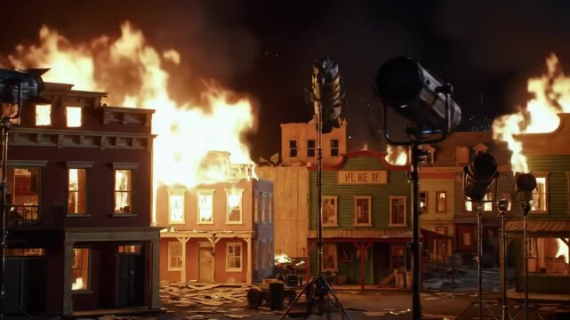 Movie set of an old western town on fire with studio lights.
