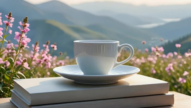 White ceramic cup on two stacked books with pink flowers and mountain view at sunrise, peaceful calm morning with warm lighting and relaxing outdoor atmosphere. Lifestyle concept
