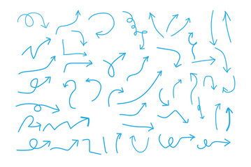 Arrows hand drawn doodle icons set. pencil arrow doodles set - hand drawn swirls, curved lines, chaotic pointers. Curved cartoon arrows sketches collection. Sign, Symbol, Hand drawn arrow collection
