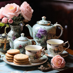 Fototapeta premium Elegant afternoon tea setting with floral teacups, teapot, and cookies