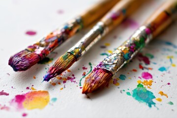 Obraz premium A close-up view of three artist brushes with vibrant paint splashes on a white paper background, showcasing creativity and artistry.