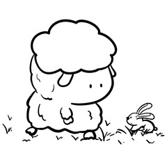 Little sheep and little rabbit on the grass cartoon cute outline illustration