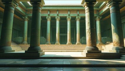 Ancient temple interior with majestic columns and architectural grandeur lit by sunlight