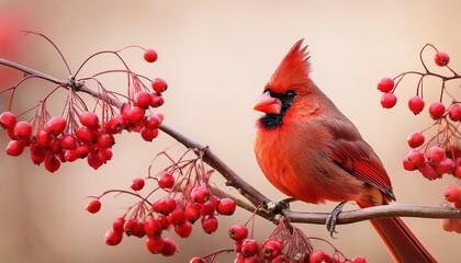 elegant northern cardinal bird perched on branches laden with bright red berries against soft pale beige background perfect for nature decor holiday greetings and spring themes