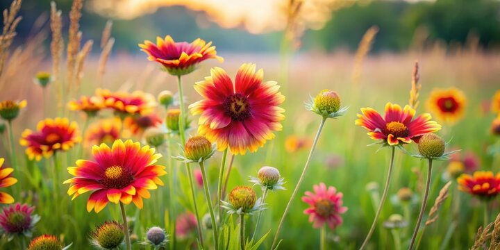 Colorful Indian blanket flowers blooming in a lush summer meadow with tall grasses and wildflowers swaying gently in the breeze