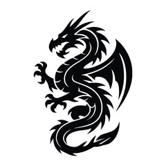 Tribal Dragon Silhouette  Fierce Mythical Creature Vector in Black and White