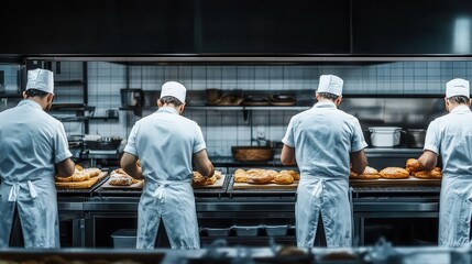 In a bustling commercial kitchen, chefs are diligently preparing freshly baked bread, showcasing teamwork and expertise amidst a backdrop of culinary creativity and precision.
