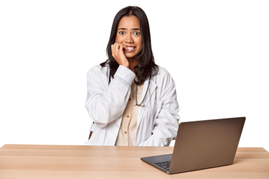 Young Filipino doctor with laptop in studio biting fingernails, nervous and very anxious.