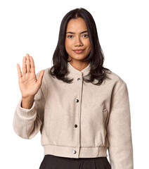 Young filipino woman smiling cheerful showing number five with fingers.