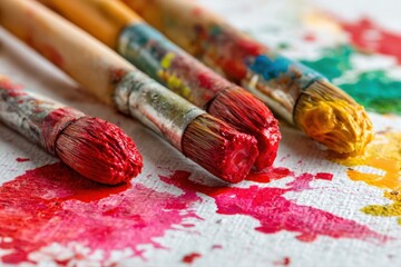 Fototapeta premium A collection of artist brushes and paintbrushes scattered on a table, ready for creative work. Colorful paint splashes adorn the white paper background.