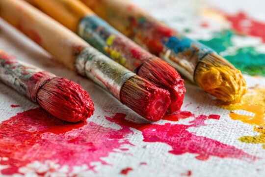 A collection of artist brushes and paintbrushes scattered on a table, ready for creative work. Colorful paint splashes adorn the white paper background.