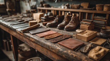 Rustic Leather Workshop with Handmade Items