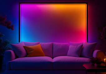 A cozy couch positioned in front of a vibrant, colorful light display. ai generated