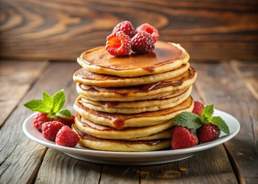stack of crispy panqueques with rich Nutella spread and fresh raspberries on a plate