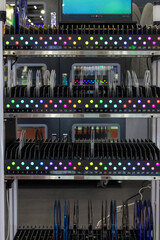 Automated industrial storage system with green light, Smart warehouse automation modern storage and retrieval system, Industry 4.0 automated robotic storage warehouse.