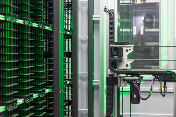 Automated industrial storage system with green light, Smart warehouse automation modern storage and retrieval system, Industry 4.0 automated robotic storage warehouse.