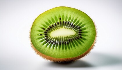 closeup of a ripe green kiwi fruit slice on white background