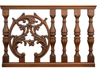 Ornate wooden balustrade panel isolated on transparent background