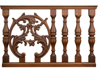 Ornate wooden balustrade panel isolated on transparent background