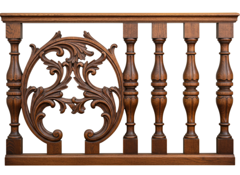 Ornate wooden balustrade panel isolated on transparent background