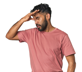 Young Hispanic man isolated having a head ache, touching front of the face.