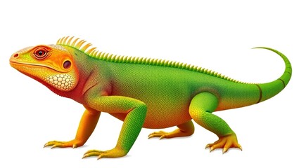 Realistic side-profile illustration of a green iguana on white background. Shows detailed scaly skin, orange spines, banded tail, textured head, and sharp claws. Natural reptile beauty.

