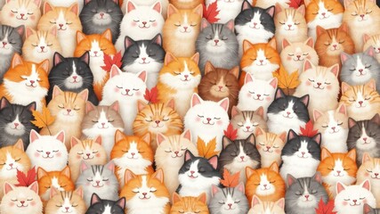 Vibrant gathering of fluffy cats in warm autumn colors creating a cozy atmosphere