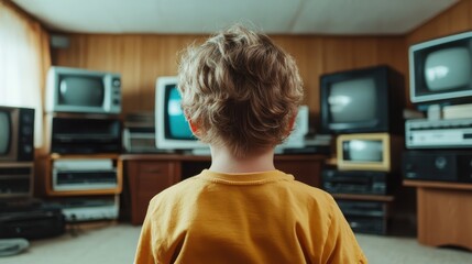 In this nostalgic scene, a child gazes at multiple vintage TVs, evoking feelings of curiosity and reminiscence about past entertainment and childhood innocence.