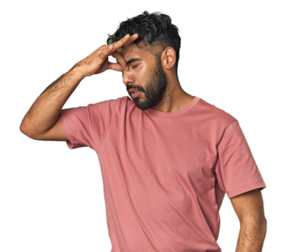 Young Hispanic man isolated having a head ache, touching front of the face. - Powered by Adobe